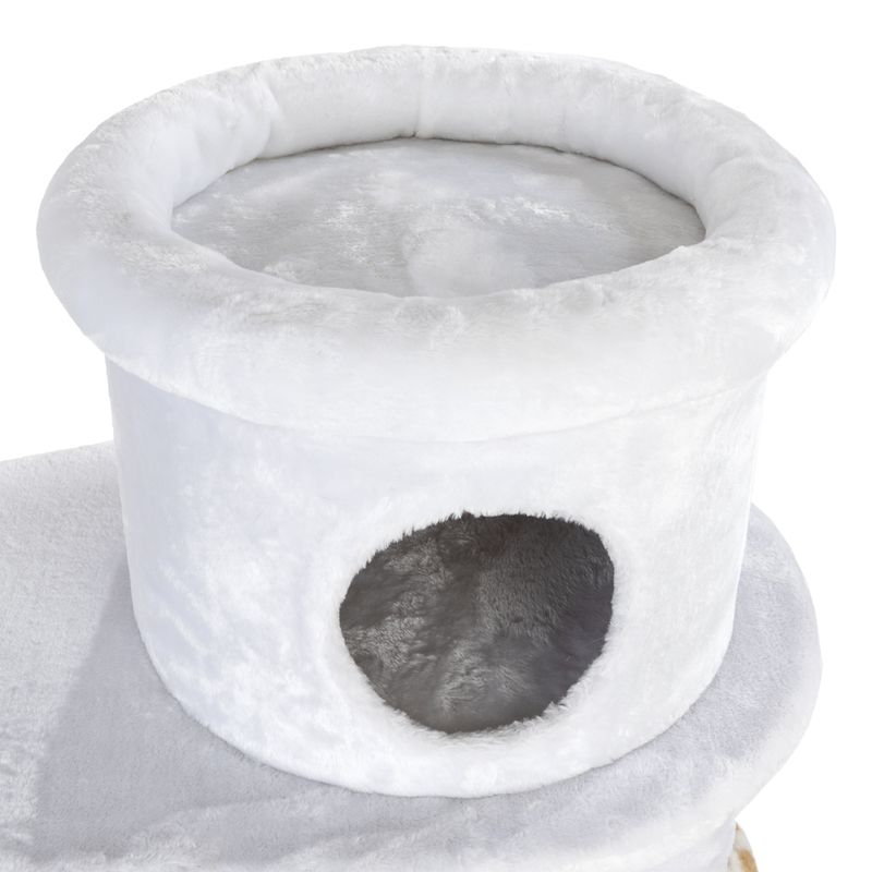 White, round cat cave made of soft plush with one entrance and padded lying surface on top.