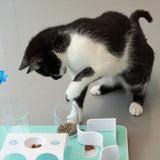 Black and white cat interacts with a feeding toy made of transparent cups and a green platform. Dry food is visible in the cups.