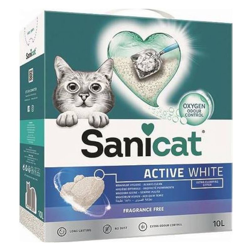 Sanicat Active White cat litter, 10L, ultra clumping, unscented, with Oxygen Odour Control for maximum hygiene and long-lasting freshness.