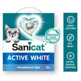 Sanicat Active White cat litter, 10L, unscented, with Oxygen Odour Control. Features: long-lasting, dust-free, extra odour control.