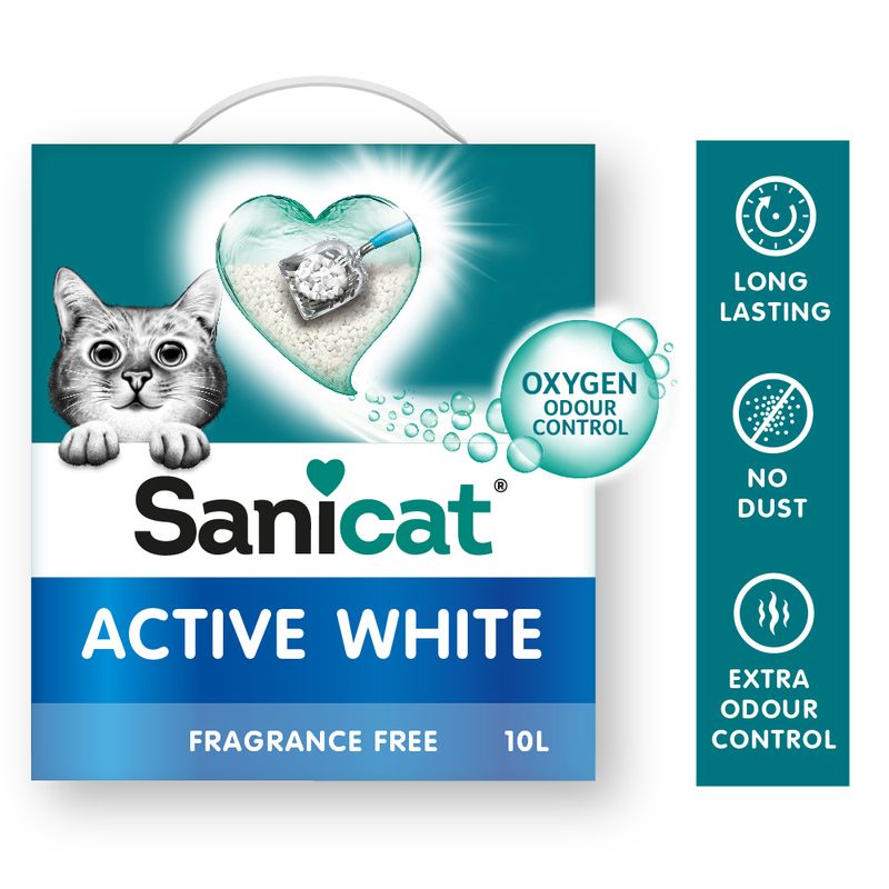 Sanicat Active White cat litter, 10L, unscented, with Oxygen Odour Control. Features: long-lasting, dust-free, extra odour control.