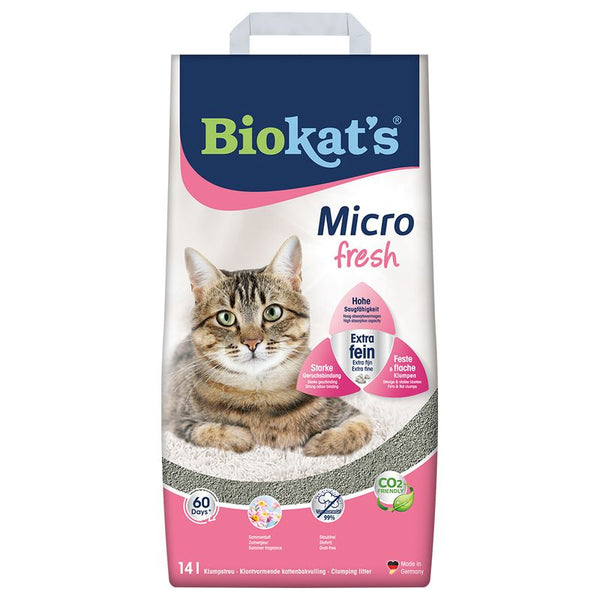 Biokat's Micro fresh clumping litter, high absorbency, extra fine granules, firm and flat clumps, strong odour control, CO2-friendly, 14L, Made in Germany.