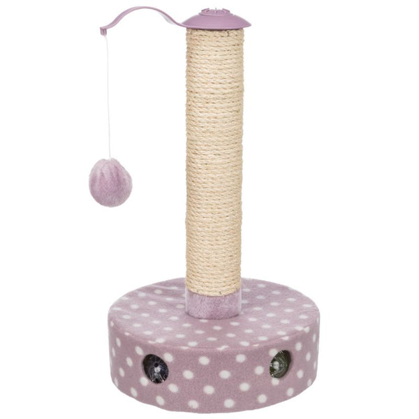 Cat tree with sisal post, purple polka dot base, hanging play ball and integrated play openings.