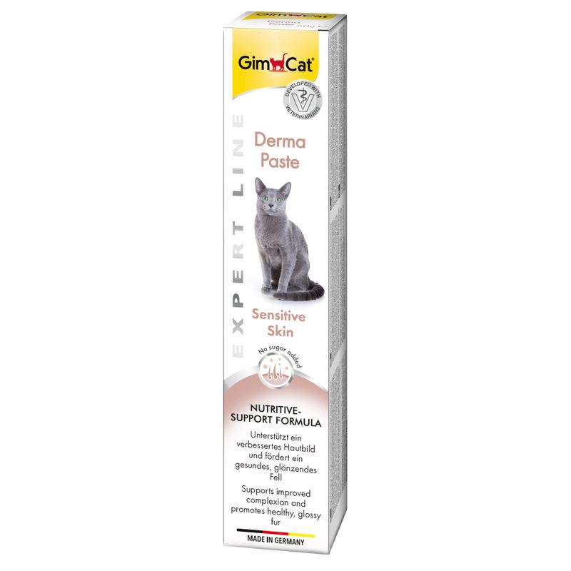 GimCat Derma Paste for sensitive skin. Supports improved skin appearance and shiny coat. No added sugar, Made in Germany.
