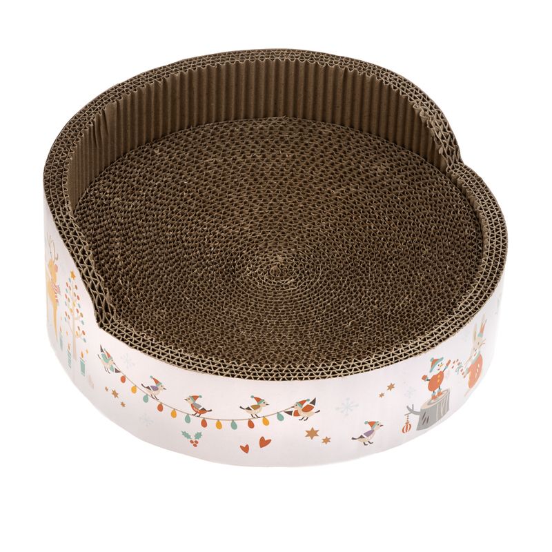 Round scratching mat made of corrugated cardboard with Christmas design, including reindeer, string lights and snowflakes on the outside.