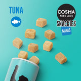Cosma Pure Love Snackies Minis tuna, image shows small cube-shaped treats and visible text: TUNA, COSMA PURE LOVE SNACKIES MINIS with fish icon.