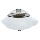 White food dispenser with transparent lid, filled with brown dry food pellets.