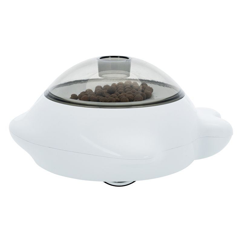 White food dispenser with transparent lid, filled with brown dry food pellets.
