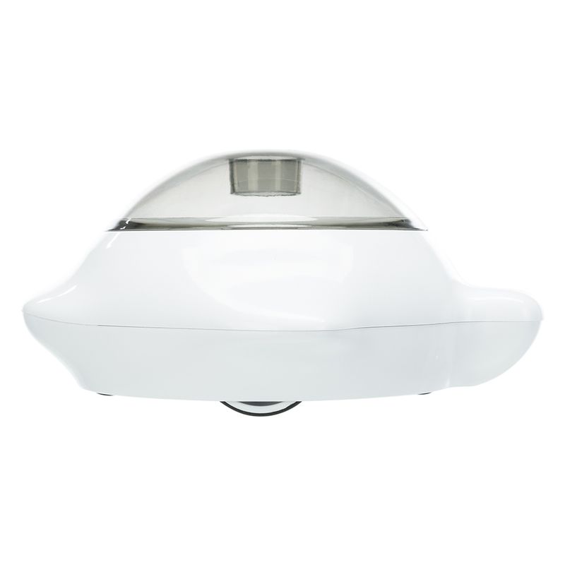 White, round automatic feeder with transparent lid and integrated container for pet food.
