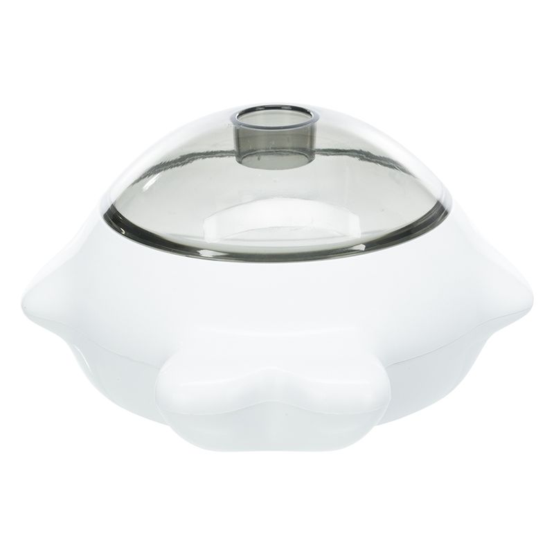 White food dispenser with transparent lid and central opening, suitable for storing pet food.