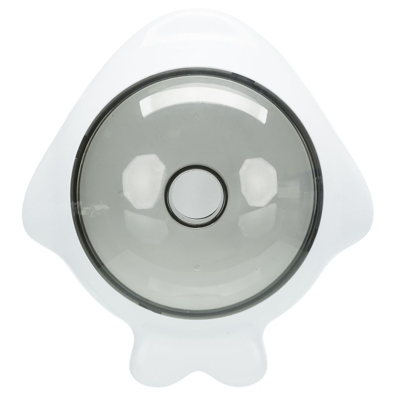 Round, transparent food container with white rim and central opening, suitable for storing pet food.