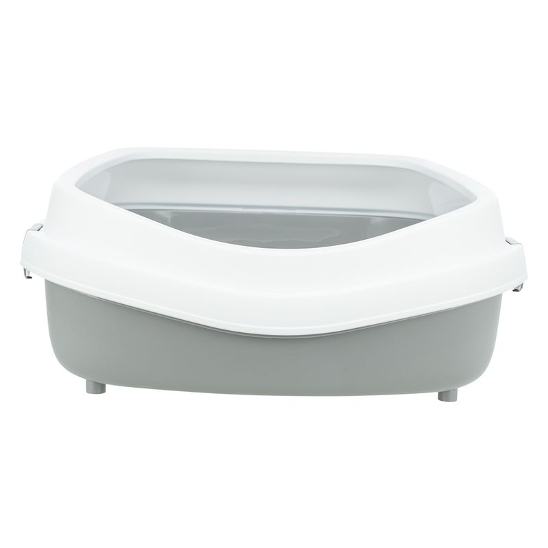 Corner cat litter tray with grey base and white rim, raised design for easy cleaning.