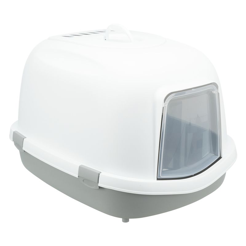 Closed cat litter box with white lid, grey base and transparent swing door.