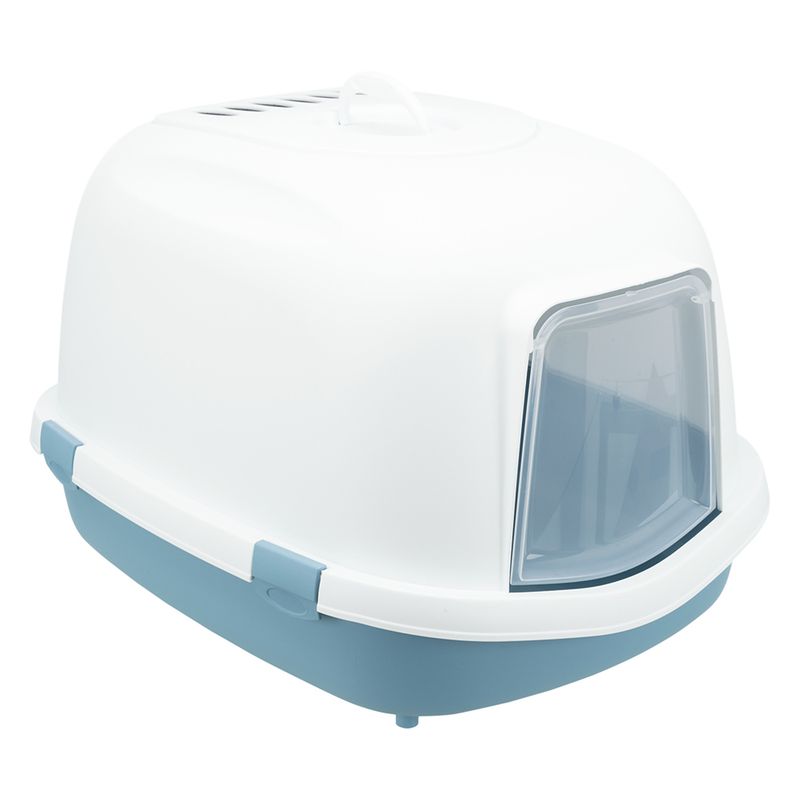 Closed cat toilet with white lid, blue base and transparent swing door. Ventilation slots visible at the top.