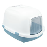 Closed cat toilet with white lid, blue base and transparent swing door. Ventilation slots visible at the top.