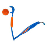 Chuckit! ball launcher made of blue plastic with orange handle and matching orange ball. Suitable for throwing balls over longer distances.