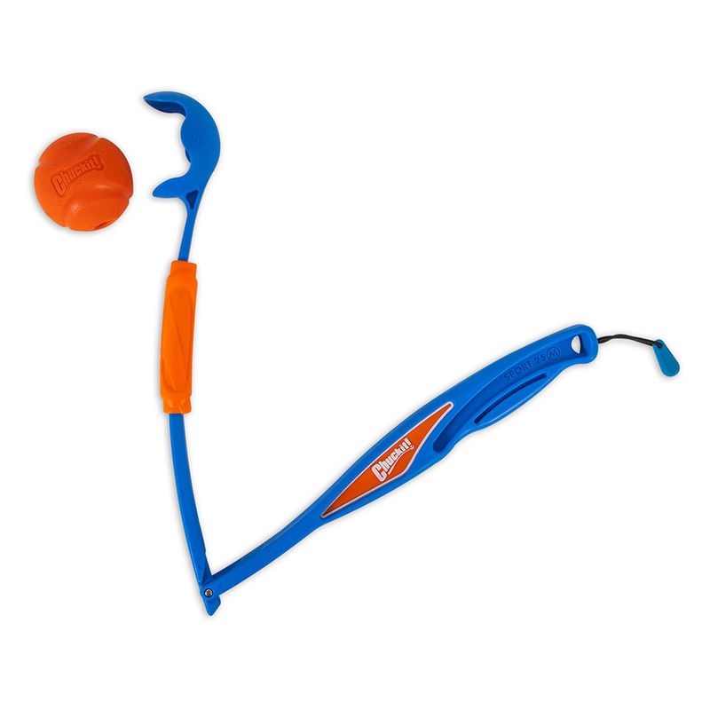 Chuckit! ball launcher made of blue plastic with orange handle and matching orange ball. Suitable for throwing balls over longer distances.