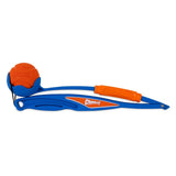 Chuckit! ball launcher in blue and orange with matching orange ball. Brand name visible on ball and launcher.
