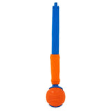 Chuckit! ball launcher with orange ball and blue handle, suitable for throwing games.