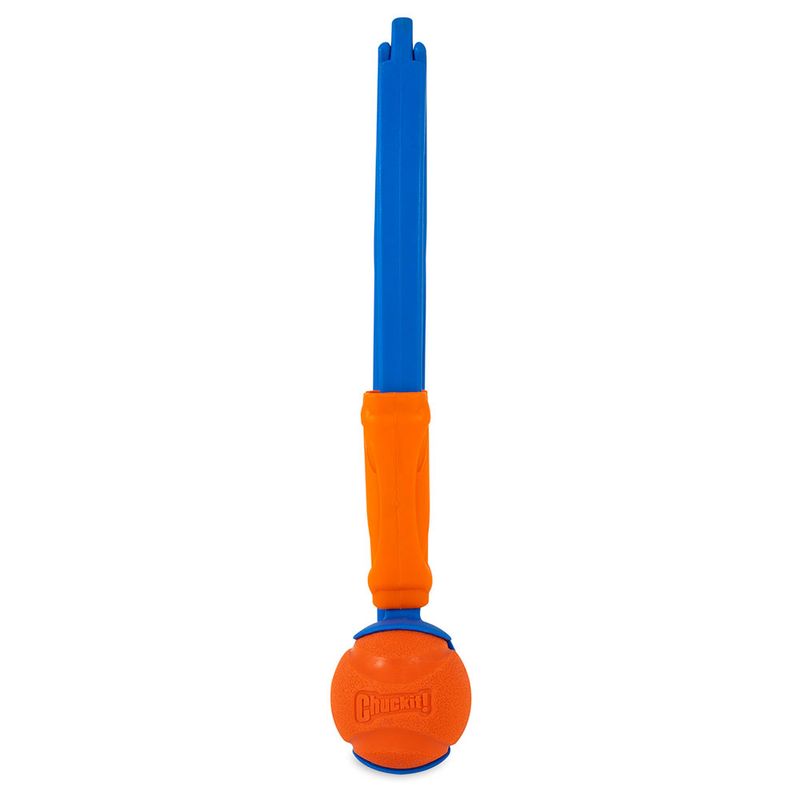 Chuckit! ball launcher with orange ball and blue handle, suitable for throwing games.