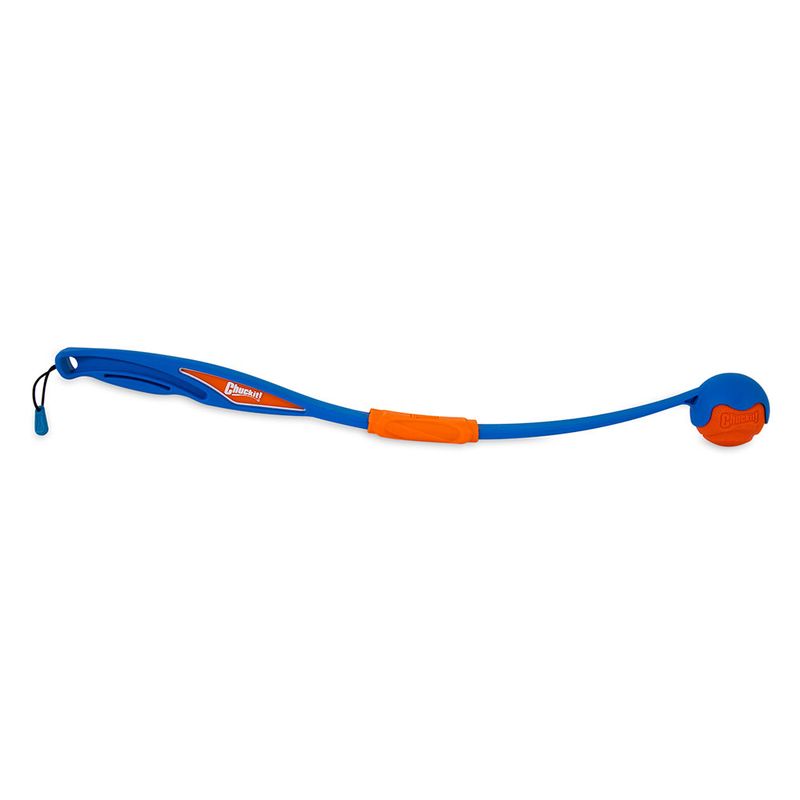 Chuckit! ball launcher in blue with orange handle and ball. Suitable for throwing balls over longer distances.