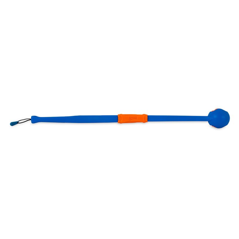 Blue and orange plastic ball launcher with ergonomic handle and loop at the end.