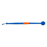 Blue and orange plastic ball launcher with ergonomic handle and loop at the end.