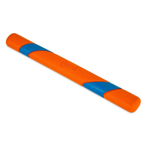 Chuckit! throw toy in orange with blue accents, elongated shape.