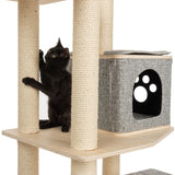 Cat tree with sisal-wrapped posts, wooden platforms, and grey cave with paw pattern. Black cat using scratching post.