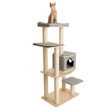 Cat tree with multiple levels, sisal posts and padded resting areas. Integrated cave with paw motif. Cat sitting on top platform.