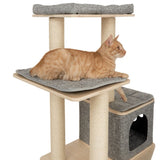 Cat tree with three levels, sisal posts and grey cushions. An orange cat is lying on the middle level.