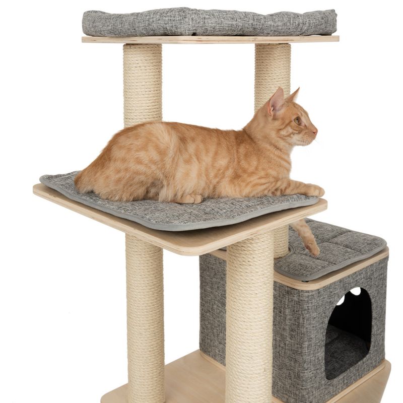 Cat tree with three levels, sisal posts and grey cushions. An orange cat is lying on the middle level.