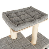 Cat tree with padded lying surface in grey fabric, sisal posts and two levels for cats.