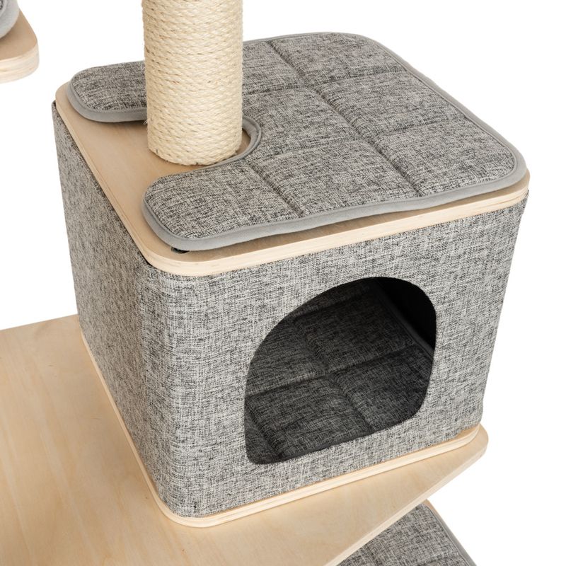 Grey cat cave with padded seat cushion and sisal scratching post, mounted on a wooden platform.