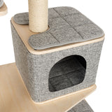 Grey cat cave with padded seat cushion and sisal scratching post, mounted on a wooden platform.