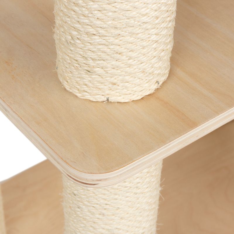 Close-up view of a scratching post element made of light wood wrapped with sisal rope.