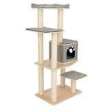 Cat tree made of wood with grey resting areas, cave with paw motif and multiple levels. Sisal-wrapped posts for claw care.