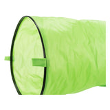 Green fabric play tunnel with sturdy black rings at the ends, suitable for pets.
