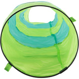 Green and blue fabric play tunnels with round openings, suitable for interactive play.