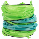 Folded play tunnel in green and blue with black edge.
