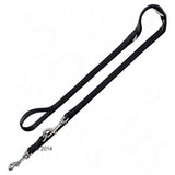 Adjustable black lead with two metal clips and a loop handle, suitable for attaching to collars or harnesses. Shows full length and attachment points.