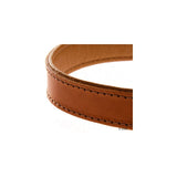 Close-up of a brown leather collar showing stitching detail and material texture.