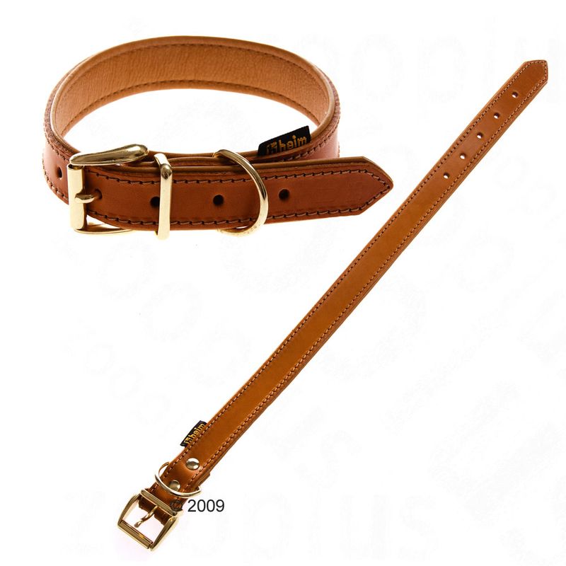 Brown leather collar with metal buckle and D-ring, shown from side and top views to display fastening holes and stitching details. Tag with text visible on collar.