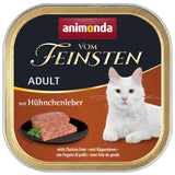 Animonda Vom Feinsten Adult with chicken liver. Serving suggestion: pâté on black plate, white cat shown.