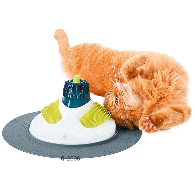 Cat using a grooming and play station with textured pads and a central brush, demonstrating product use for self-grooming and entertainment.