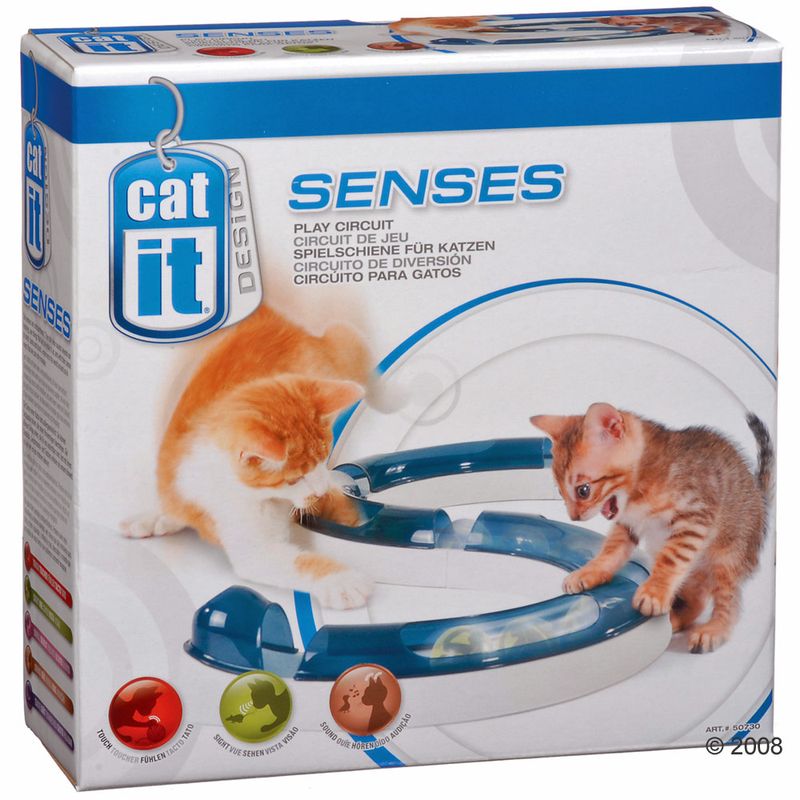 Catit Design Senses play circuit for cats. Packaging shows two cats interacting with the play circuit. Multilingual description: Play Circuit, Circuito de diversion.