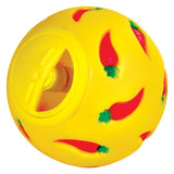 Yellow play ball with red chilli motifs and opening for treats.