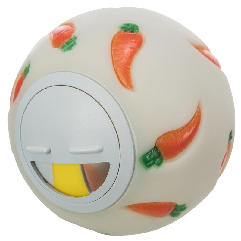 Round play ball with carrot pattern and opening for treat dispensing, white with orange-green accents.