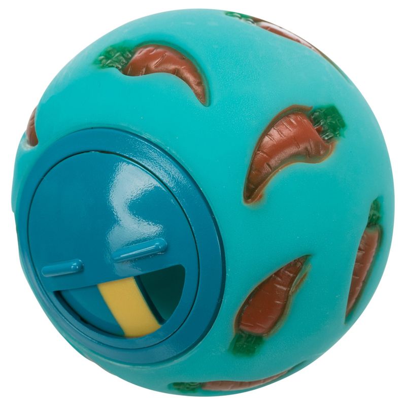 Turquoise play ball with carrot pattern and opening for treat dispensing.