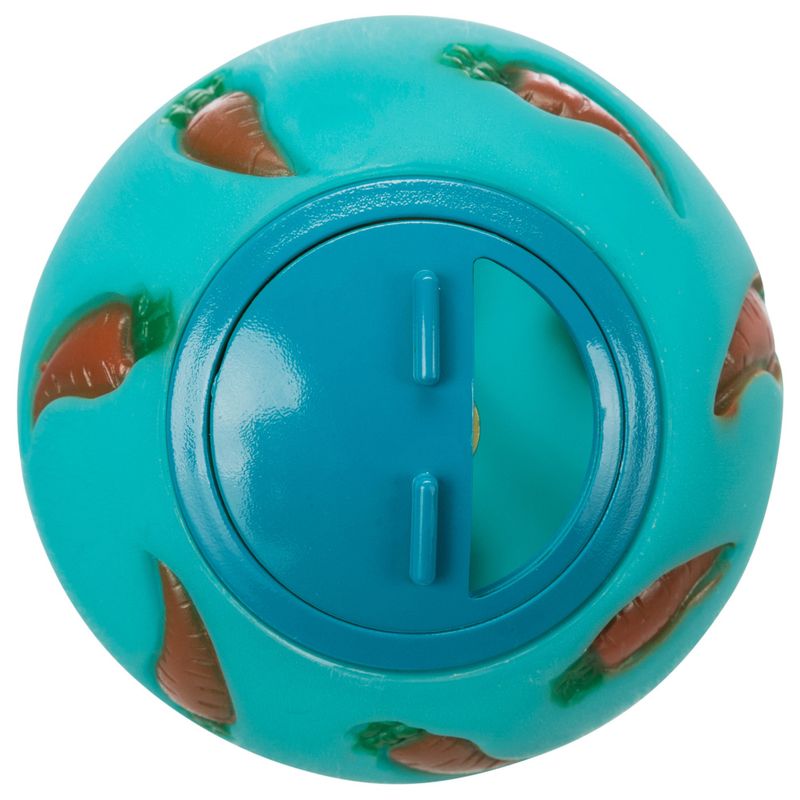 Turquoise play ball with carrot pattern and closable compartment for snacks.